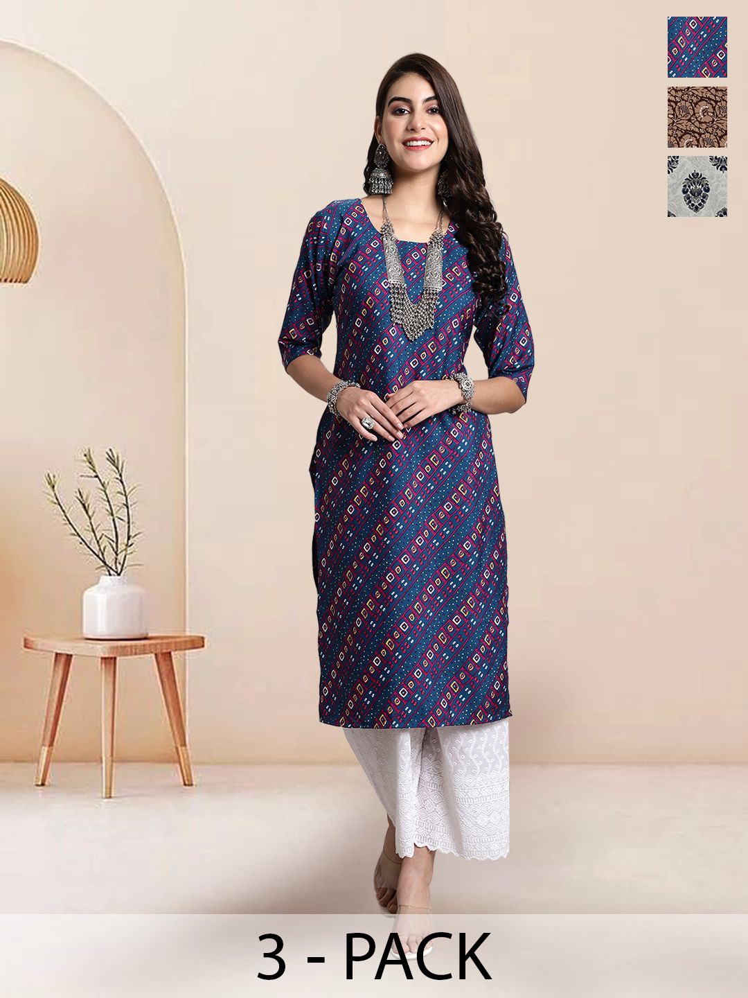 

7Threads Selection of 3 Geometric Printed Round Neck Straight Kurtas, Navy blue