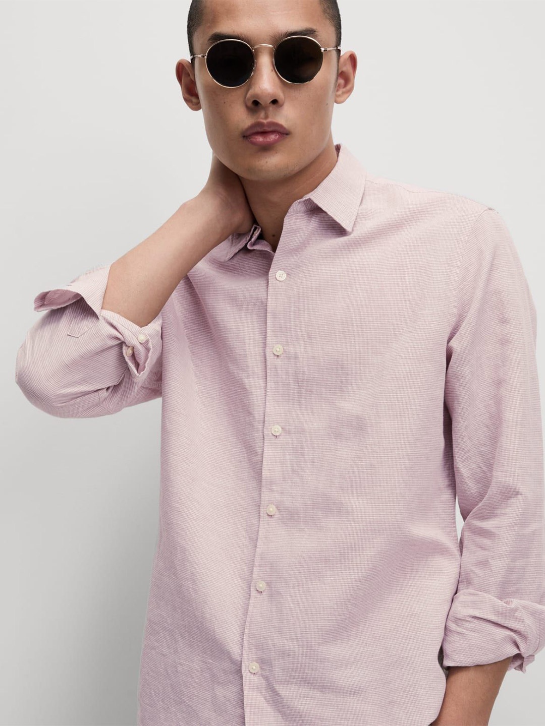 

Marks & Spencer Men Spread Collar Textured Linen Casual Shirt, Pink