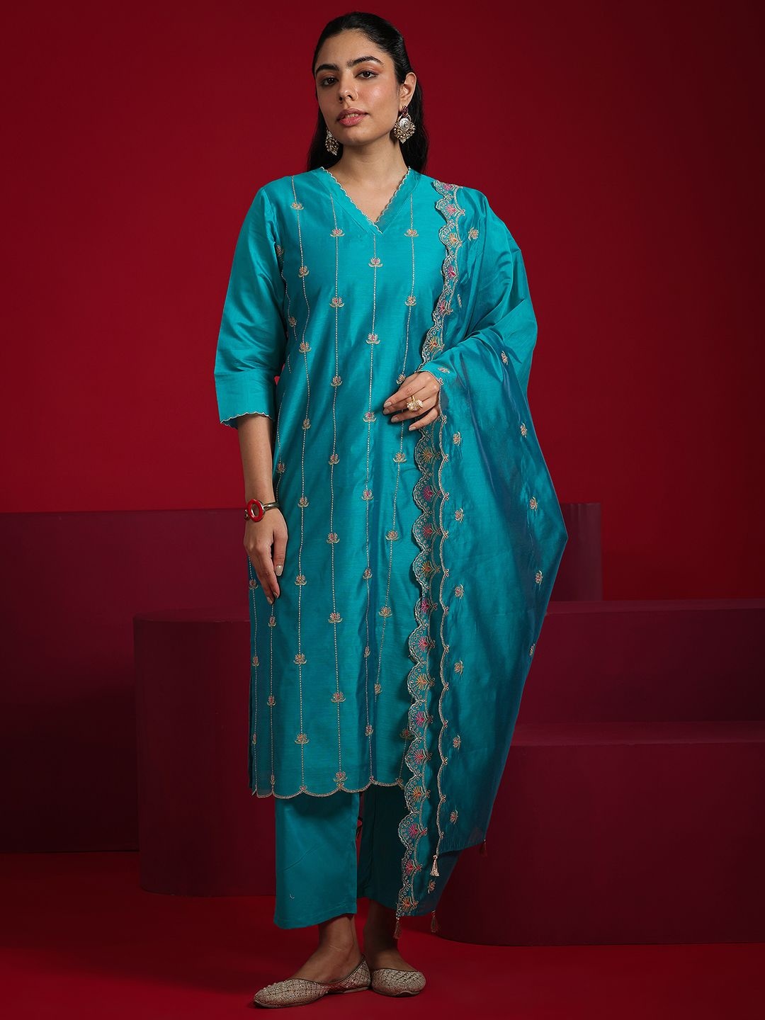 

Libas Art Floral Embroidered Zari Chanderi Silk Straight Kurta With Trousers & Dupatta, Teal
