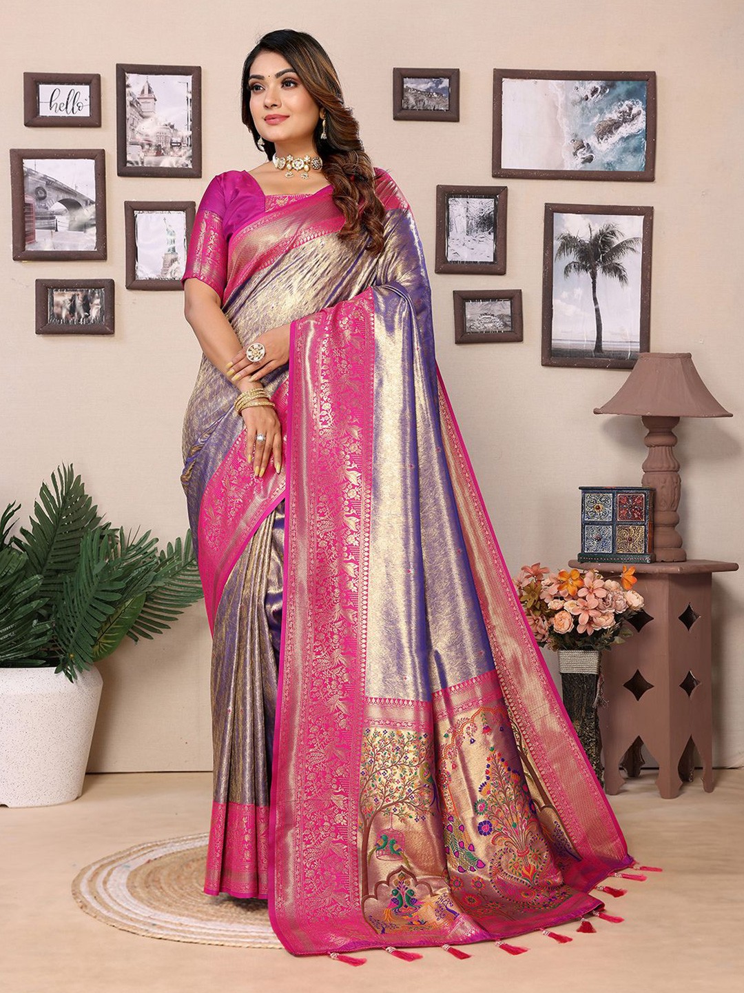 

Mitera Woven Design Zari Silk Blend Designer Banarasi Saree, Purple