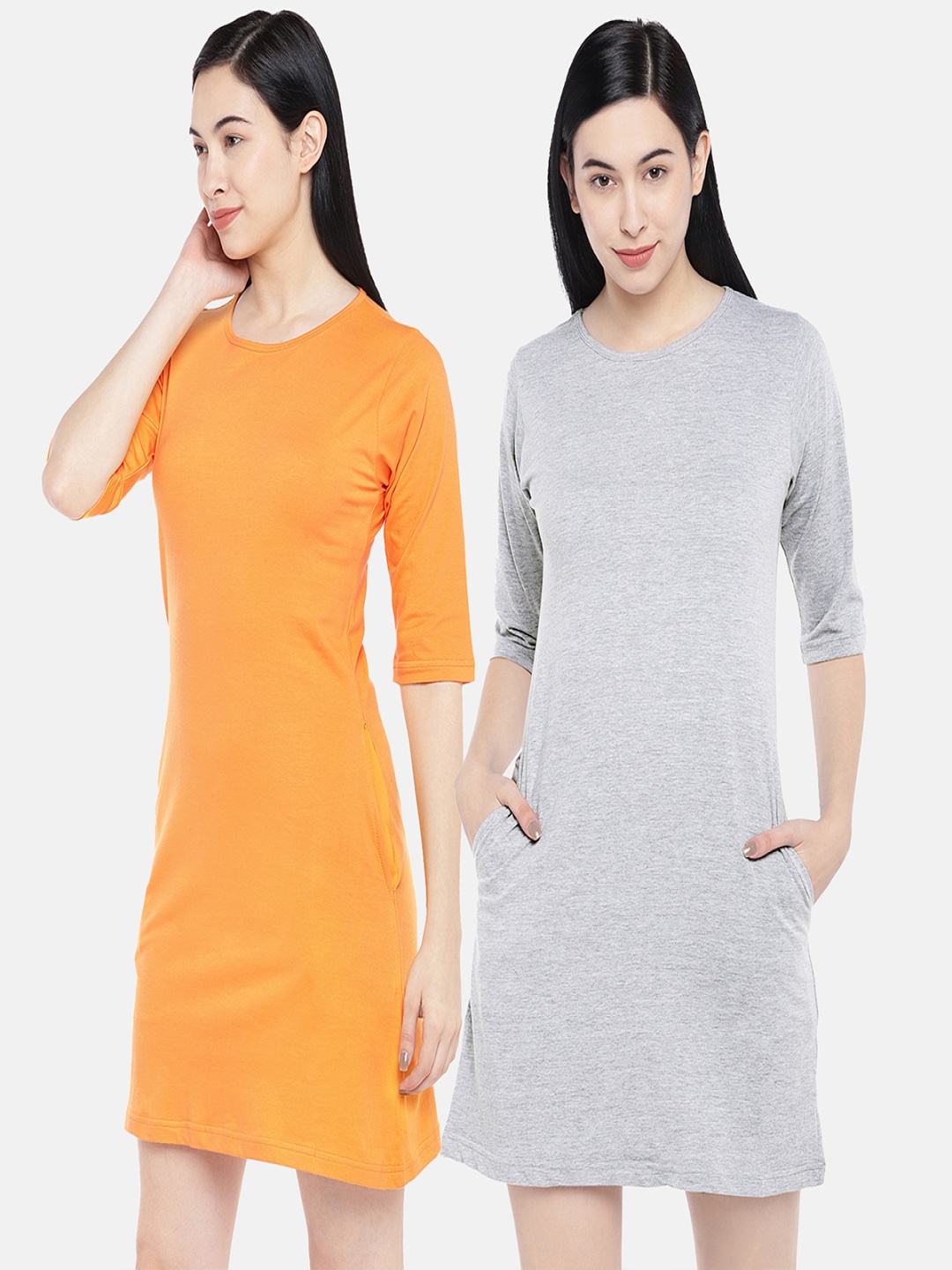 

STATUS MANTRA Pack of 2 Round Neck Pure Cotton T-shirt Dresses, Yellow