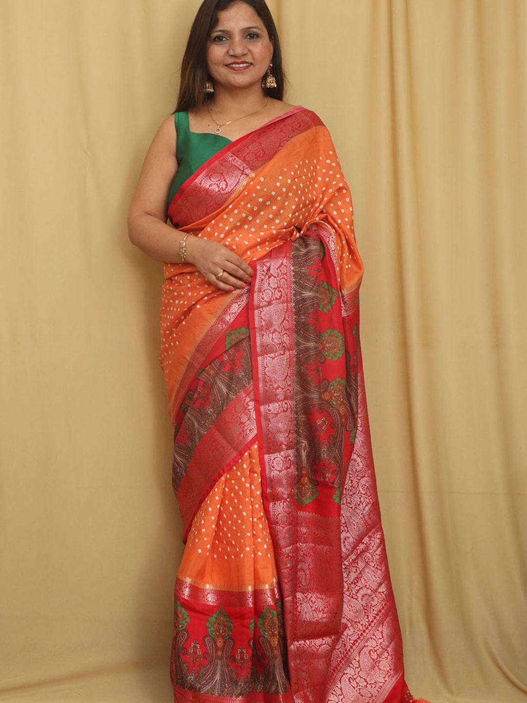 

Luxurionworld Woven Design Zari Pure Silk Bandhani Saree, Orange