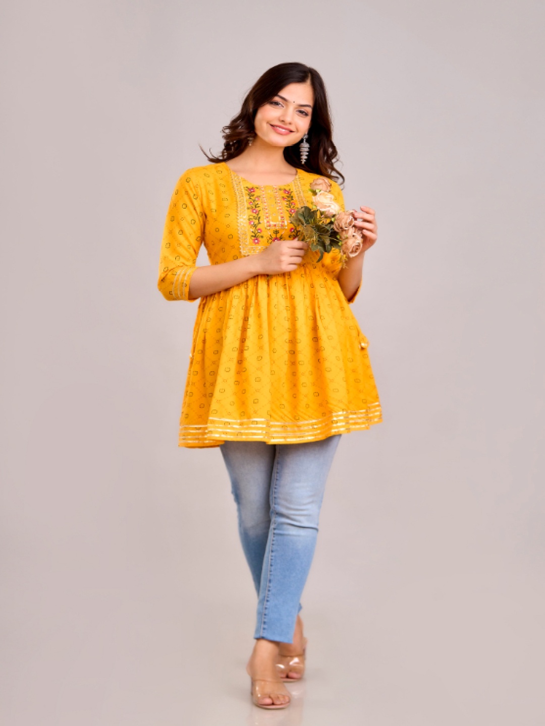 

Aimca Floral Embroidered Round Neck Crepe A-Line Top, Yellow