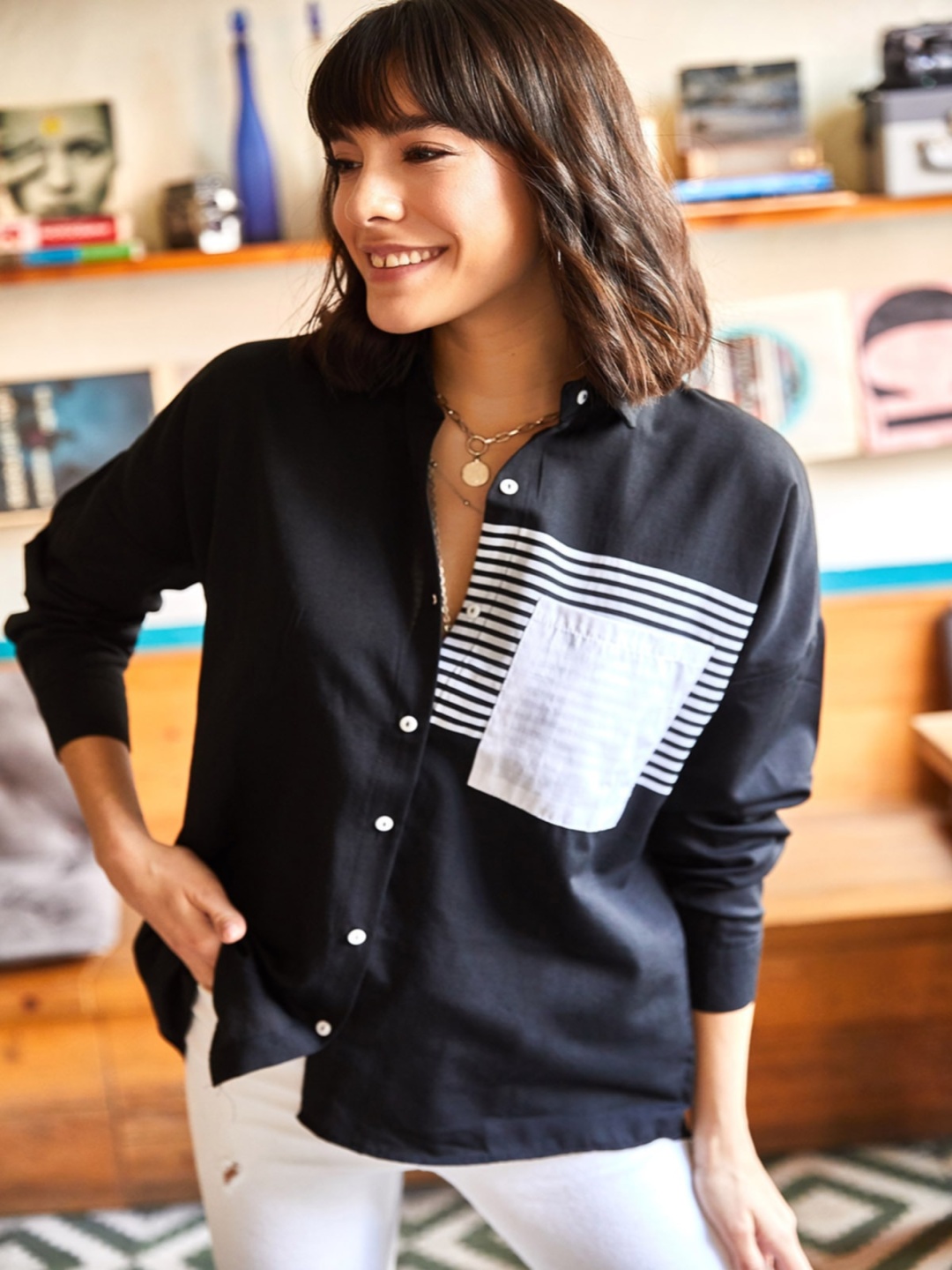 

Olalook Horizontal Striped Casual Shirt, Black