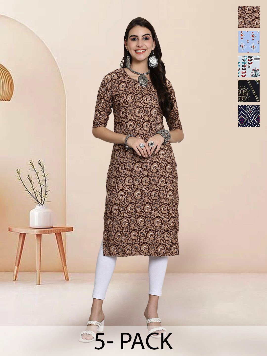 

7Threads Selection Of 5 Floral Printed Round Neck Straight Kurtas, Brown