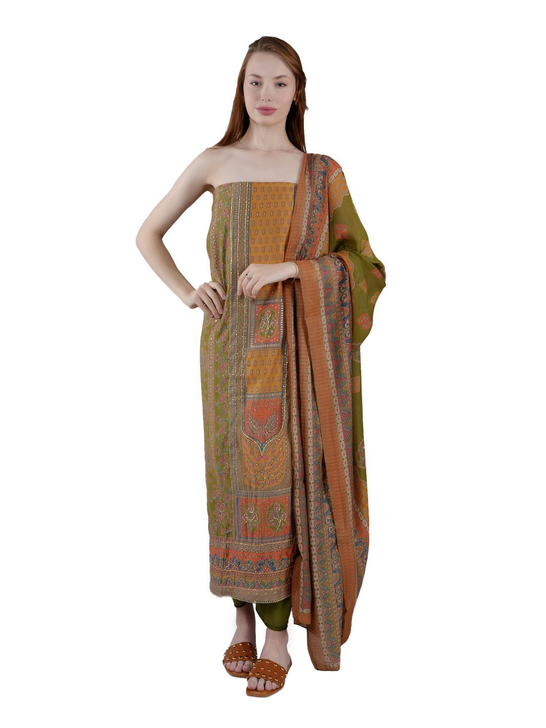 

MOZAFIA Floral Printed Unstitched Dress Material, Green