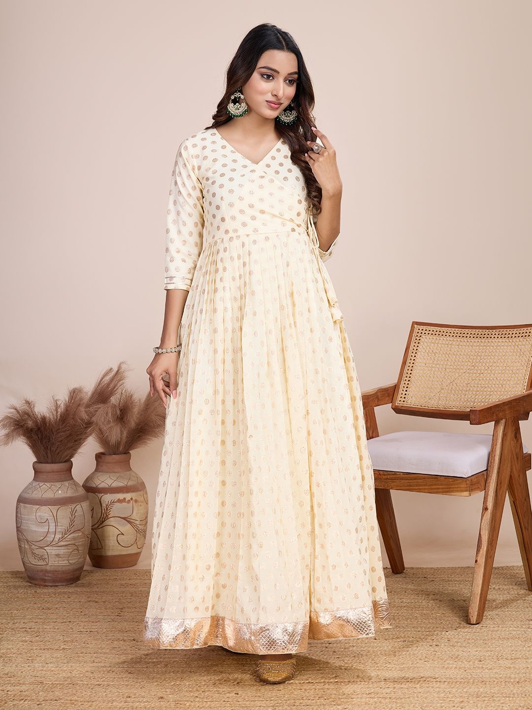 

Tasarika Printed V-Neck Maxi Ethnic Dress, Cream