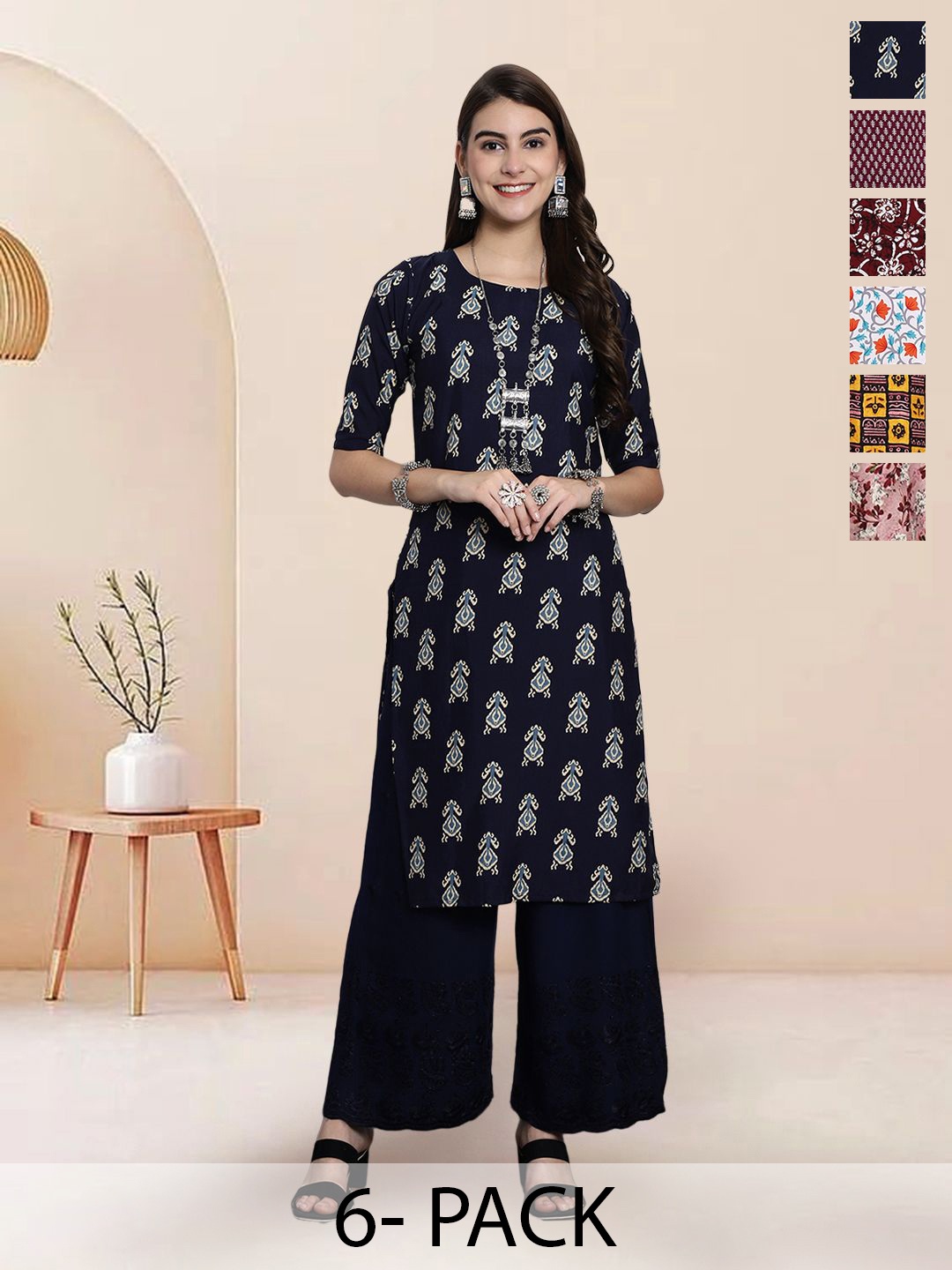 

7Threads Selection Of 6 Floral Printed Round Neck Straight Kurtas, Navy blue