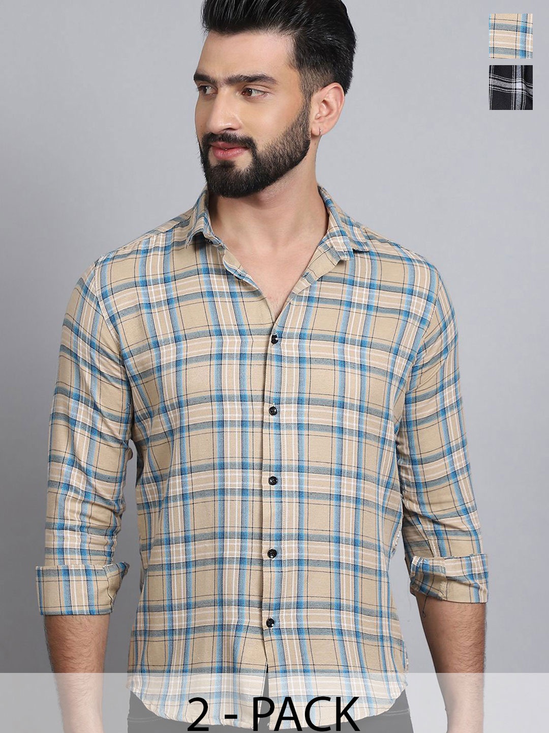 

Tanip Men Pack Of 2 Spread Collar Tartan Checked Cotton Casual Shirts, Beige