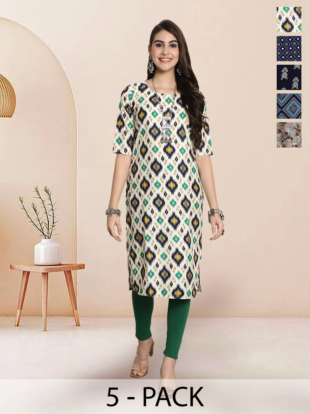 

7Threads Selection Of 5 Ethnic Motifs Printed Round Neck Straight Kurtas, White