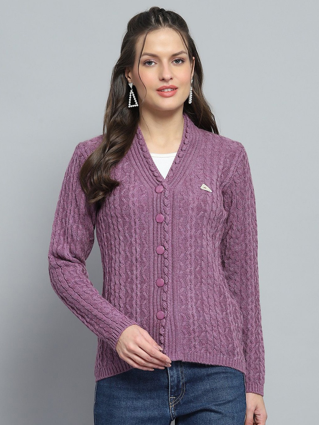 

Monte Carlo Women Cable Knit Woollen Cardigan, Purple