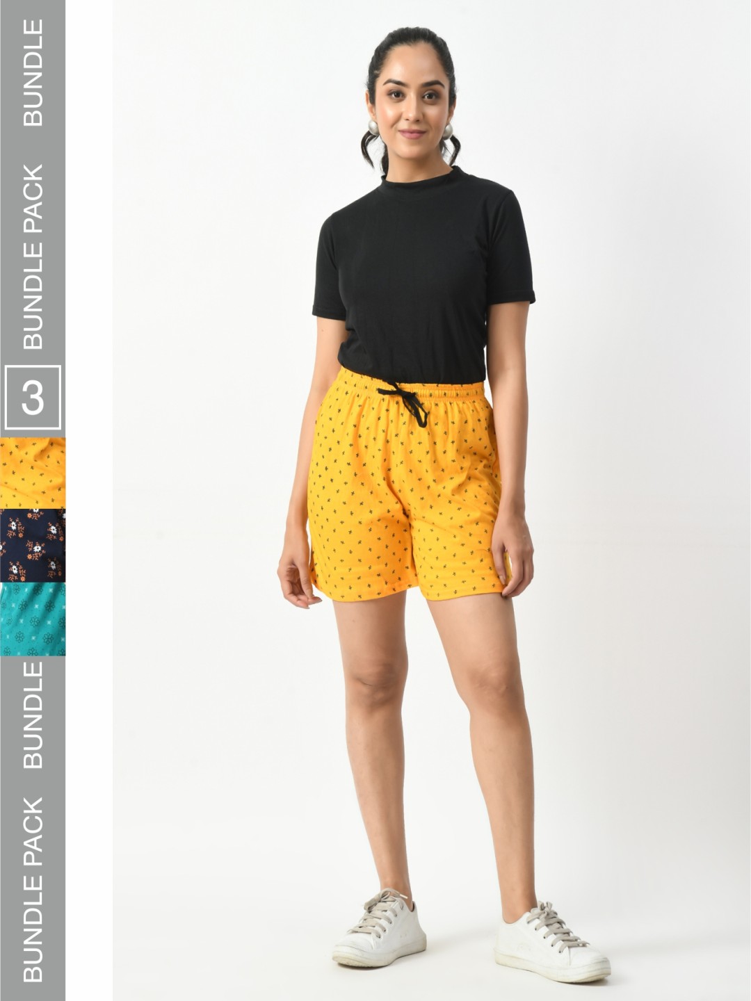 

BAESD Women Pack Of 3 Printed Pure Cotton High-Rise Shorts, Navy blue
