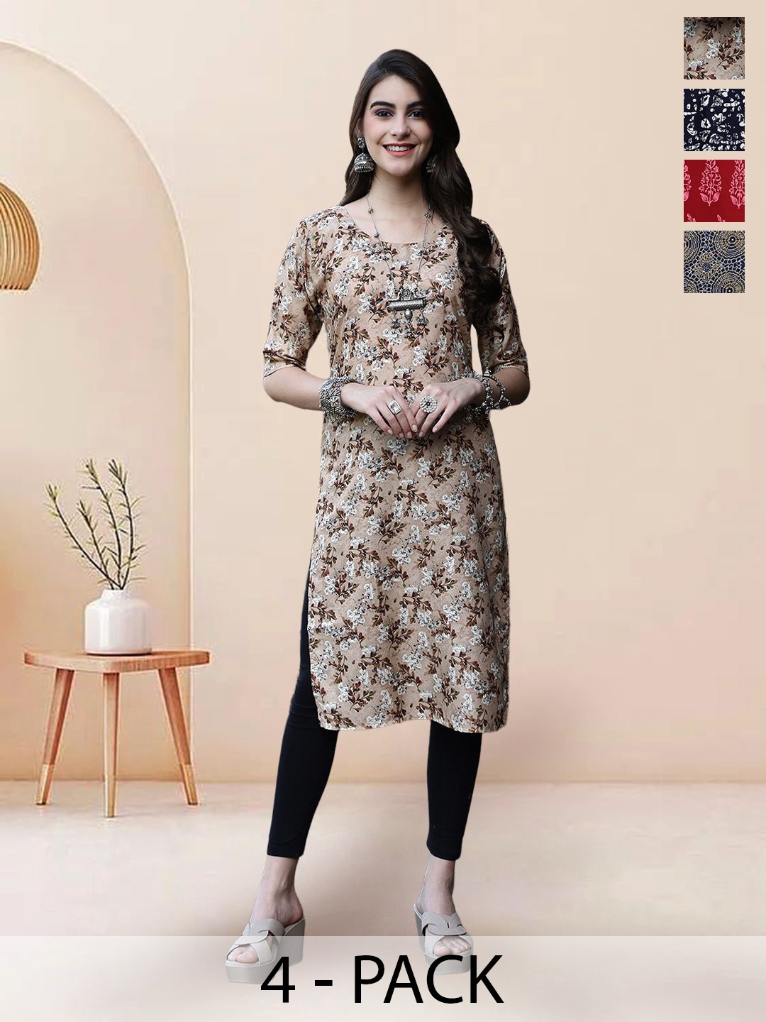 

7Threads Selection Of 5 Floral Printed Round Neck Straight Kurtas, Beige