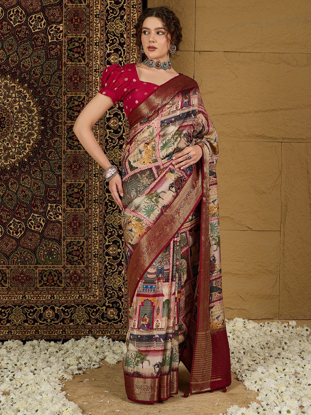

Anouk Kalamkari Zari Silk Blend Sungudi Saree, Beige