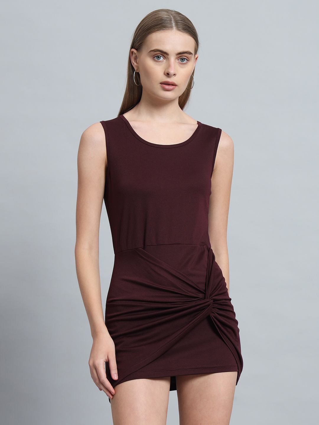 

ND & R Women Solid Strechable Sleeveless Twisted Bodycon Mini Length Dress, Maroon