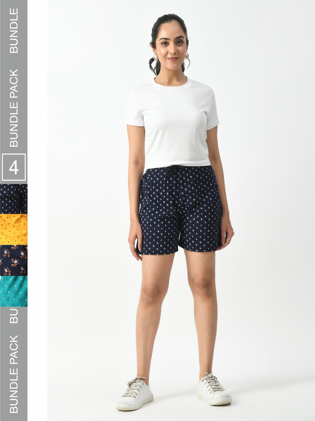 

BAESD Women Pack Of 4 Printed High-Rise Cotton Hotpant Shorts, Navy blue