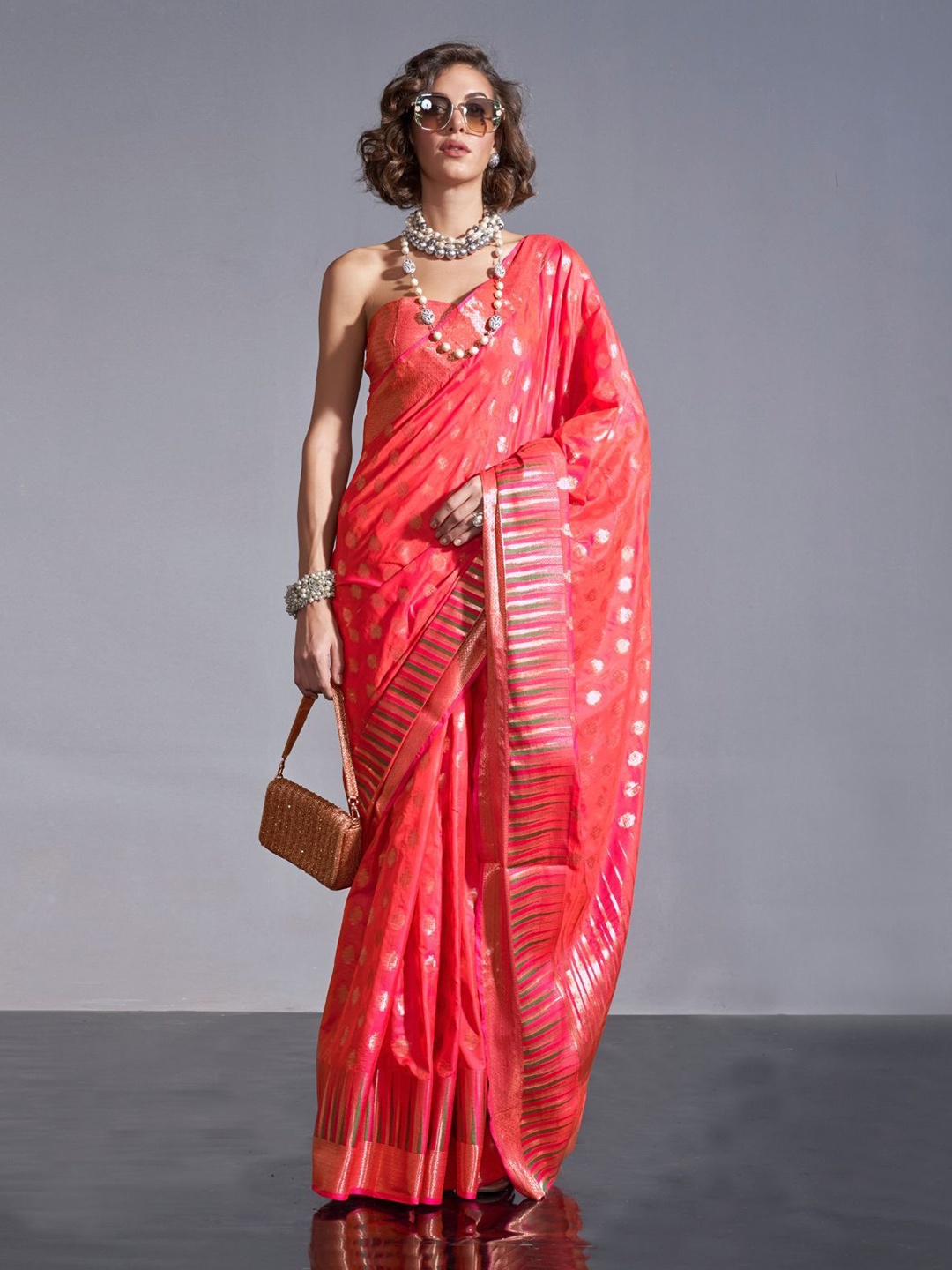 

ODETTE Woven Design Zari Silk Blend Saree, Orange