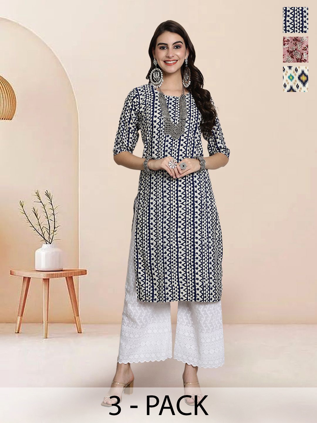 

7Threads Selection Of 3 Ethnic Motifs Printed Round Neck Straight Kurtas, Grey