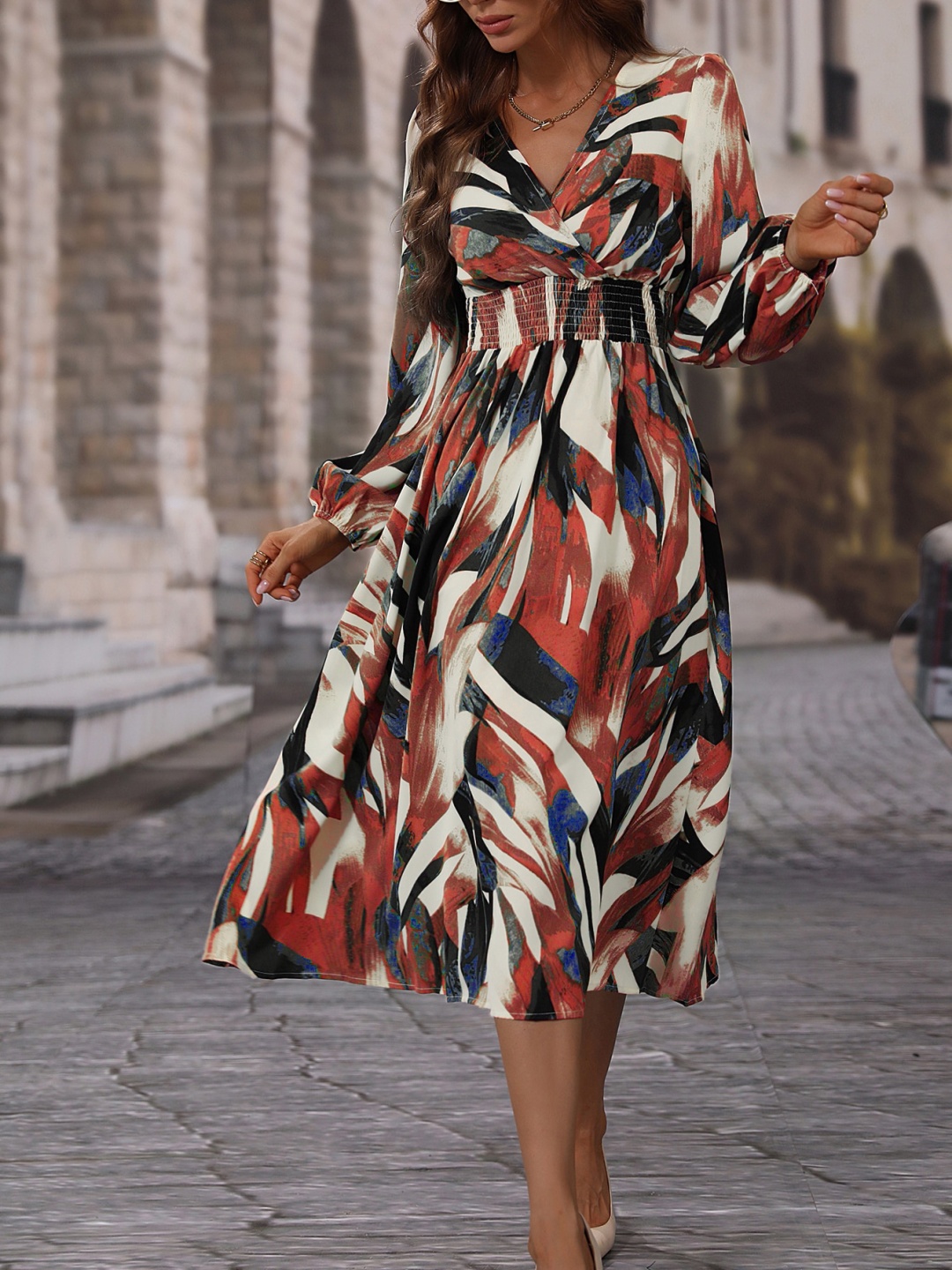 

BAESD Abstract Printed Crepe Midi Wrap Dress, Pink