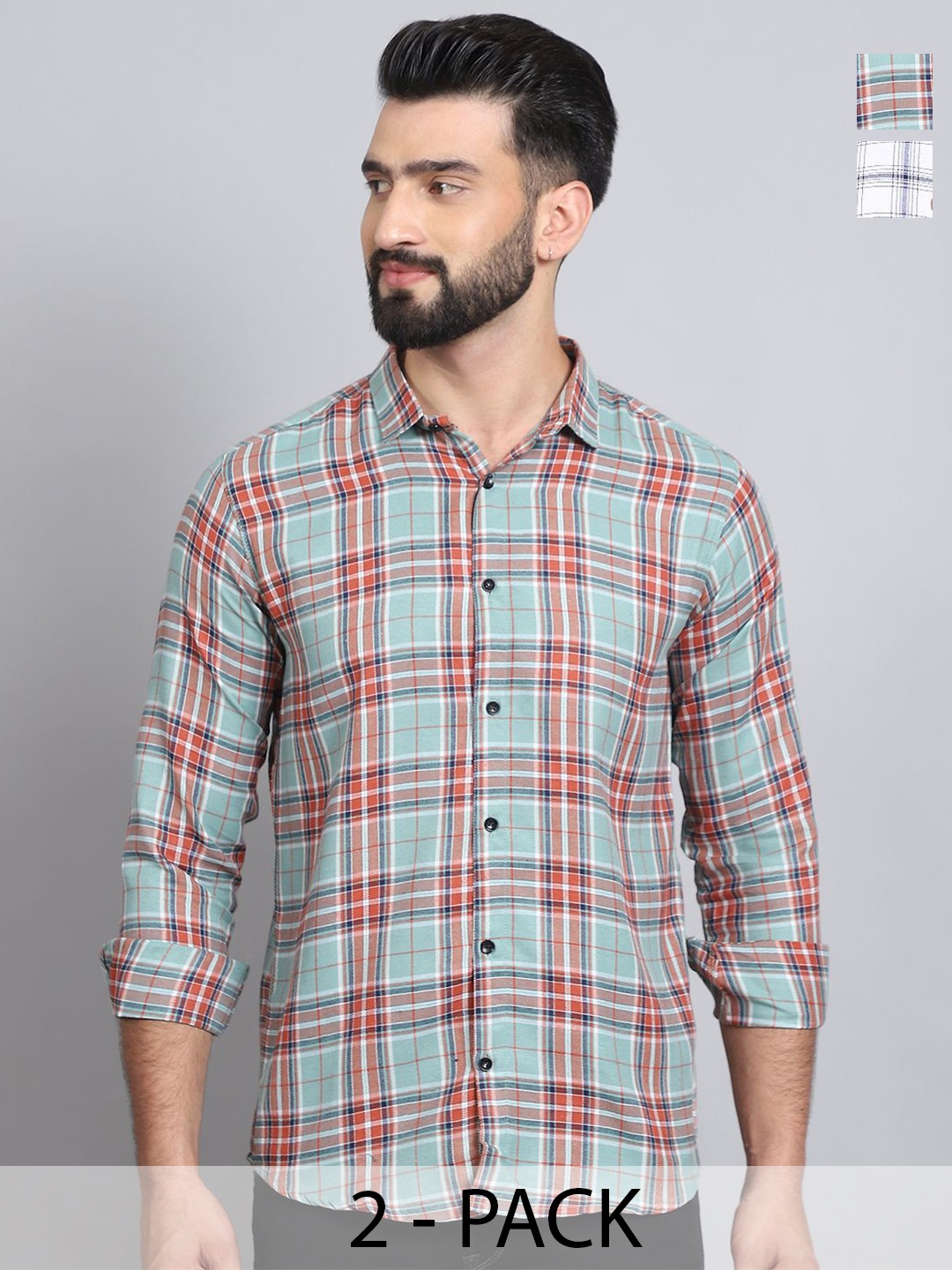 

Tanip Men Pack Of 2 Spread Collar Tartan Checked Cotton Casual Shirts, Green