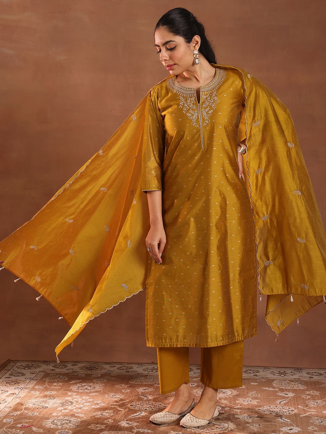 

Libas Floral Woven Design Thread Work Chanderi Silk Kurta With Trouser & Dupatta, Mustard