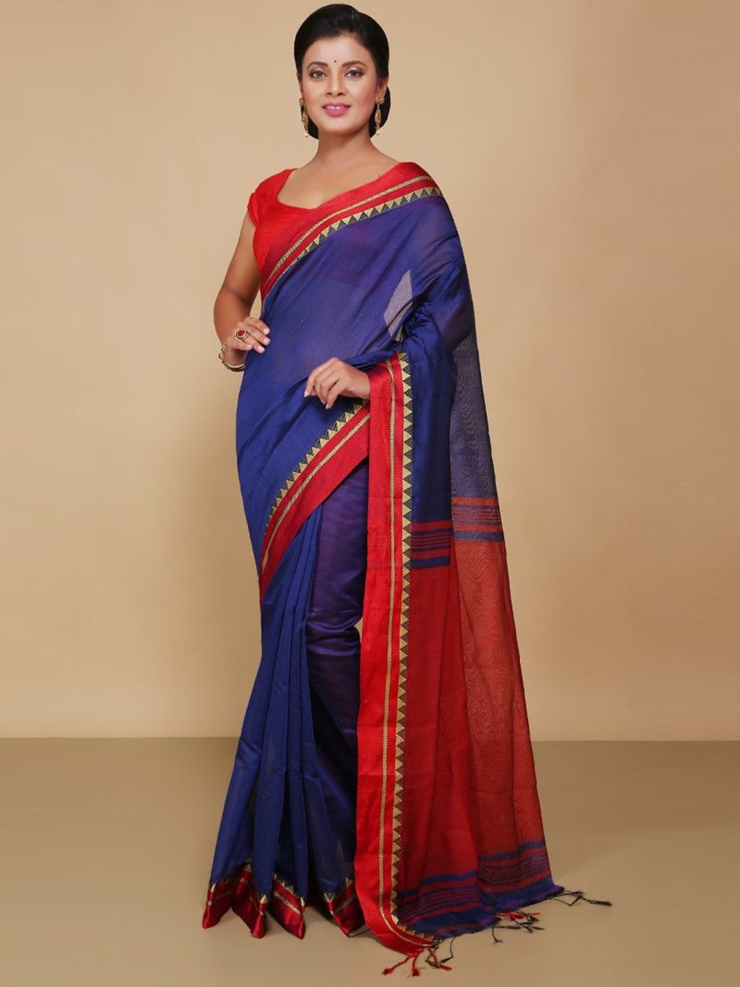 

BENGAL HANDLOOM Art Silk Taant Saree, Blue