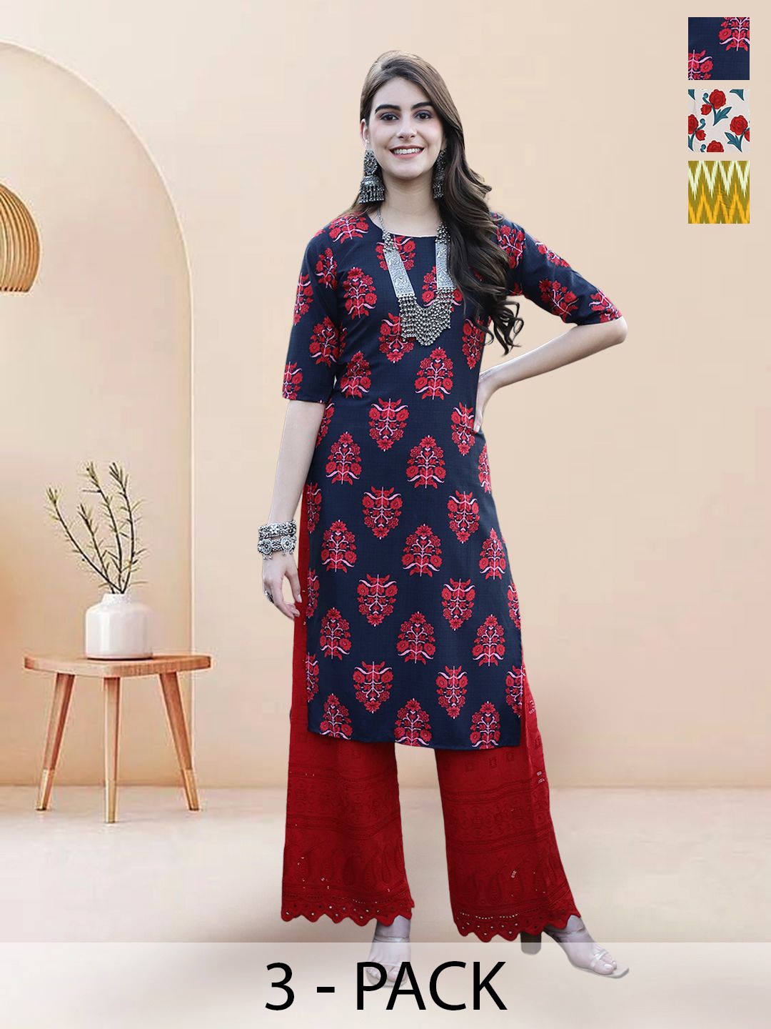 

7Threads Selection Of 3 Ethnic Motifs Printed Straight Kurtas, Navy blue