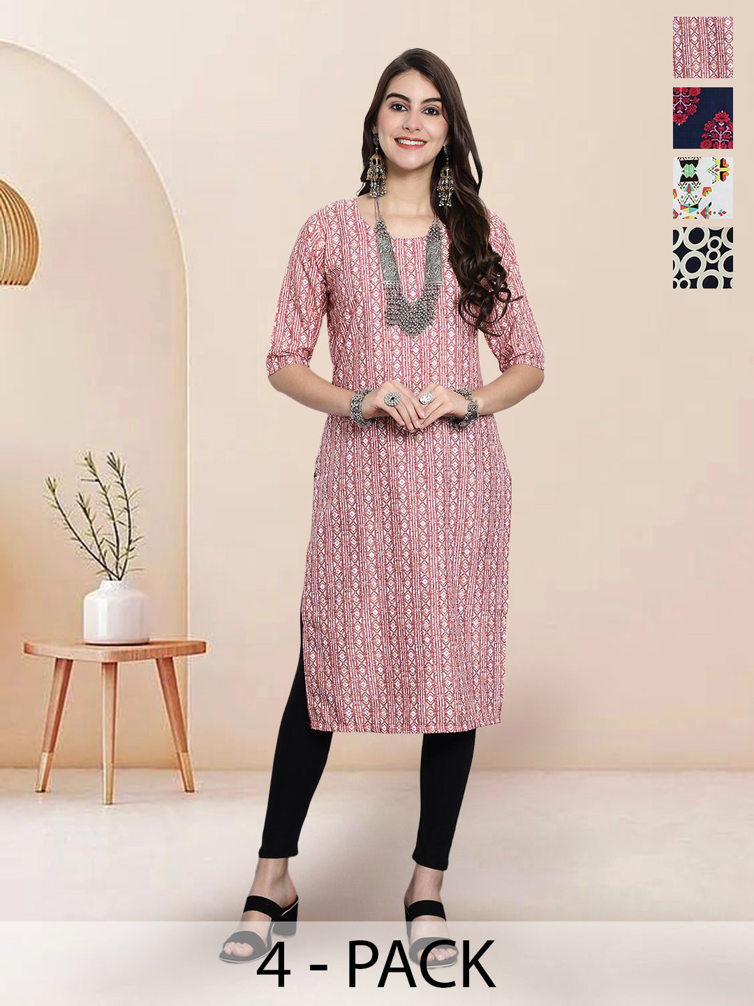 

7Threads Selection of 4 Geometric Printed Round Neck Straight Kurtas, Peach