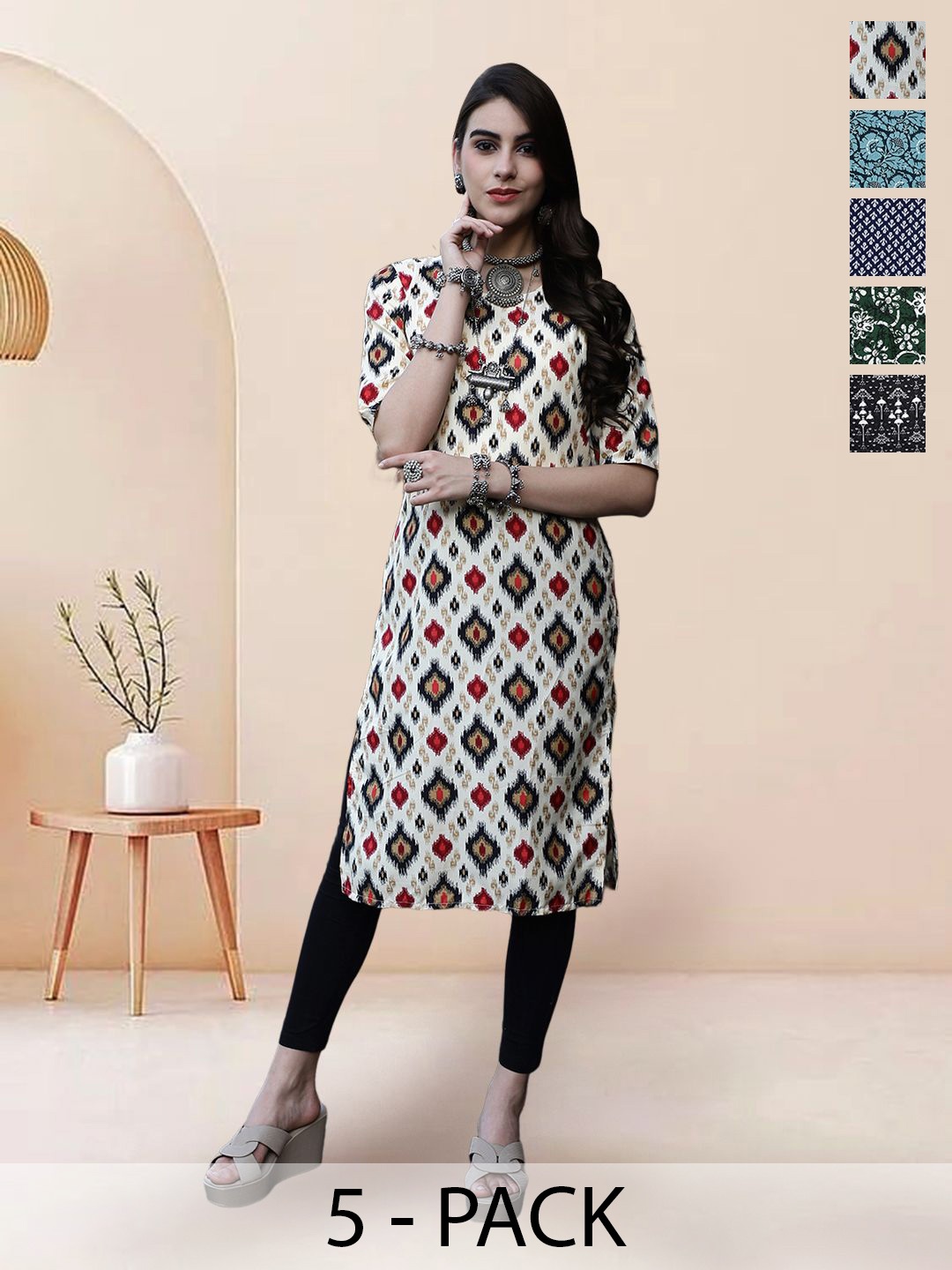 

7Threads Selection Of 5 Ethnic Motifs Printed Straight Kurtas, Off white