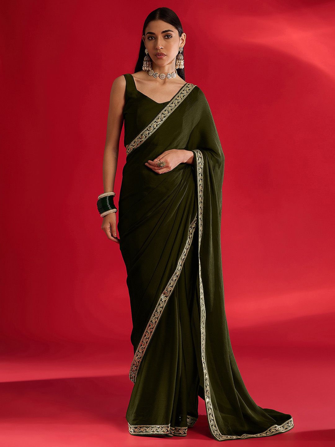 

Mitera Embroidered Satin Saree, Olive