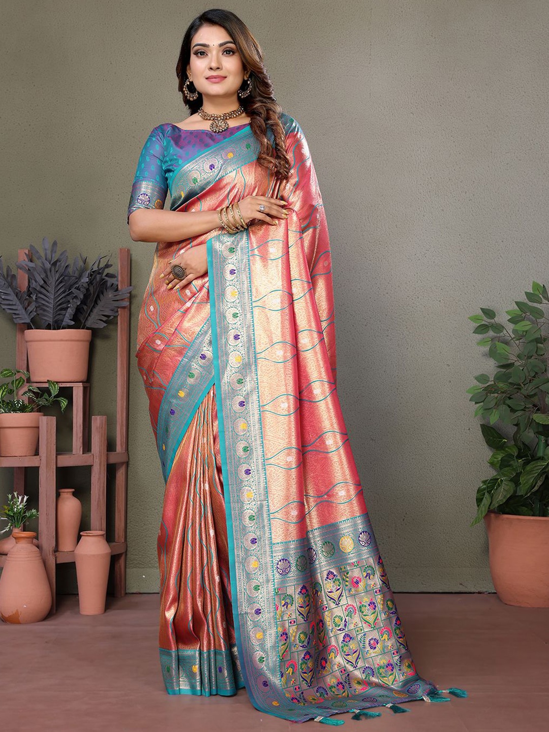 

Mitera Woven Design Zari Silk Blend Banarasi Saree, Pink