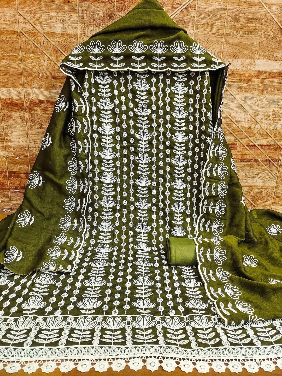 

A TO Z CART Floral Embroidered Pure Silk Unstitched Dress Material, Olive