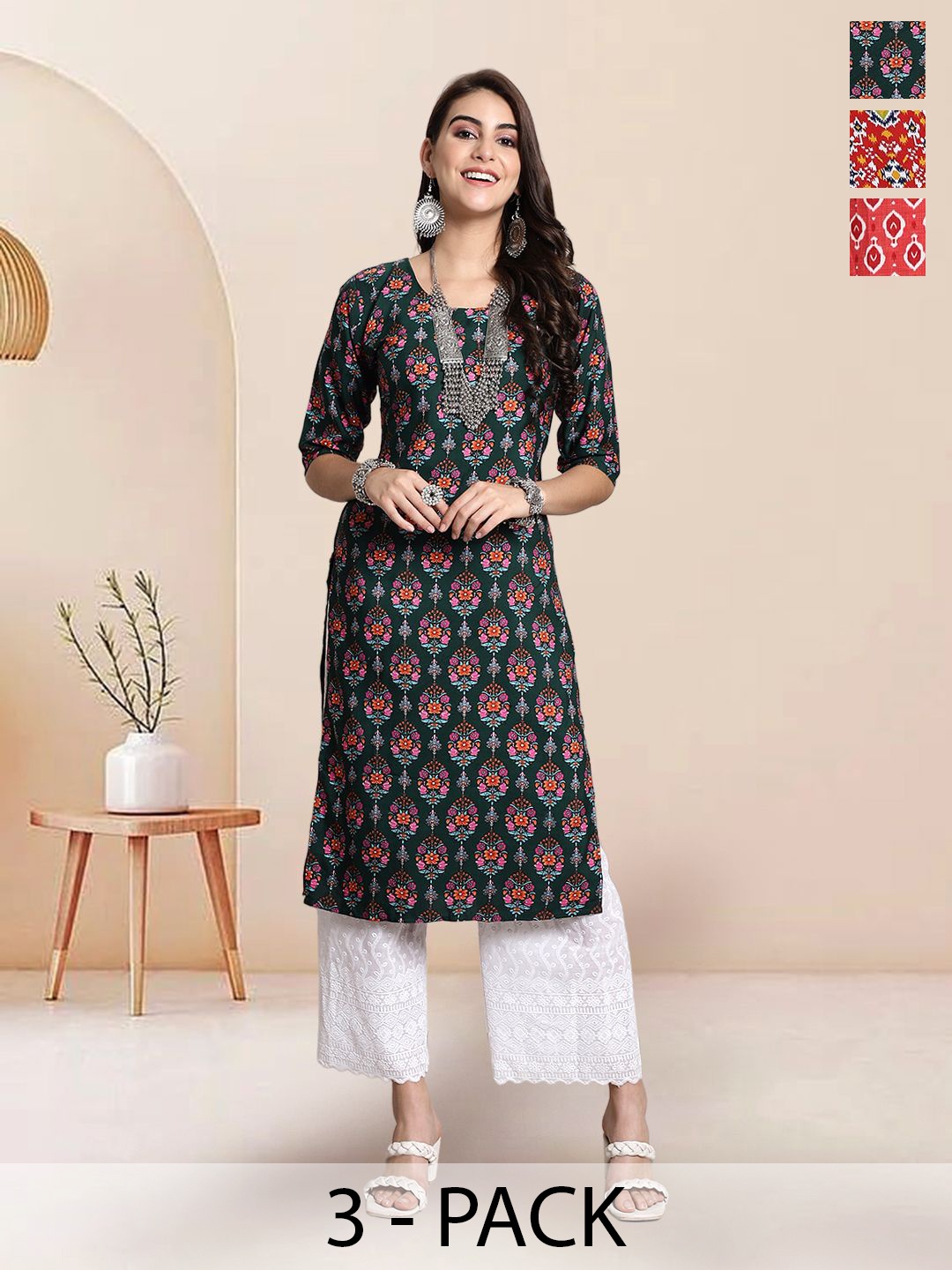 

7Threads Selection Of 3 Floral Printed Round Neck Straight Kurtas, Navy blue