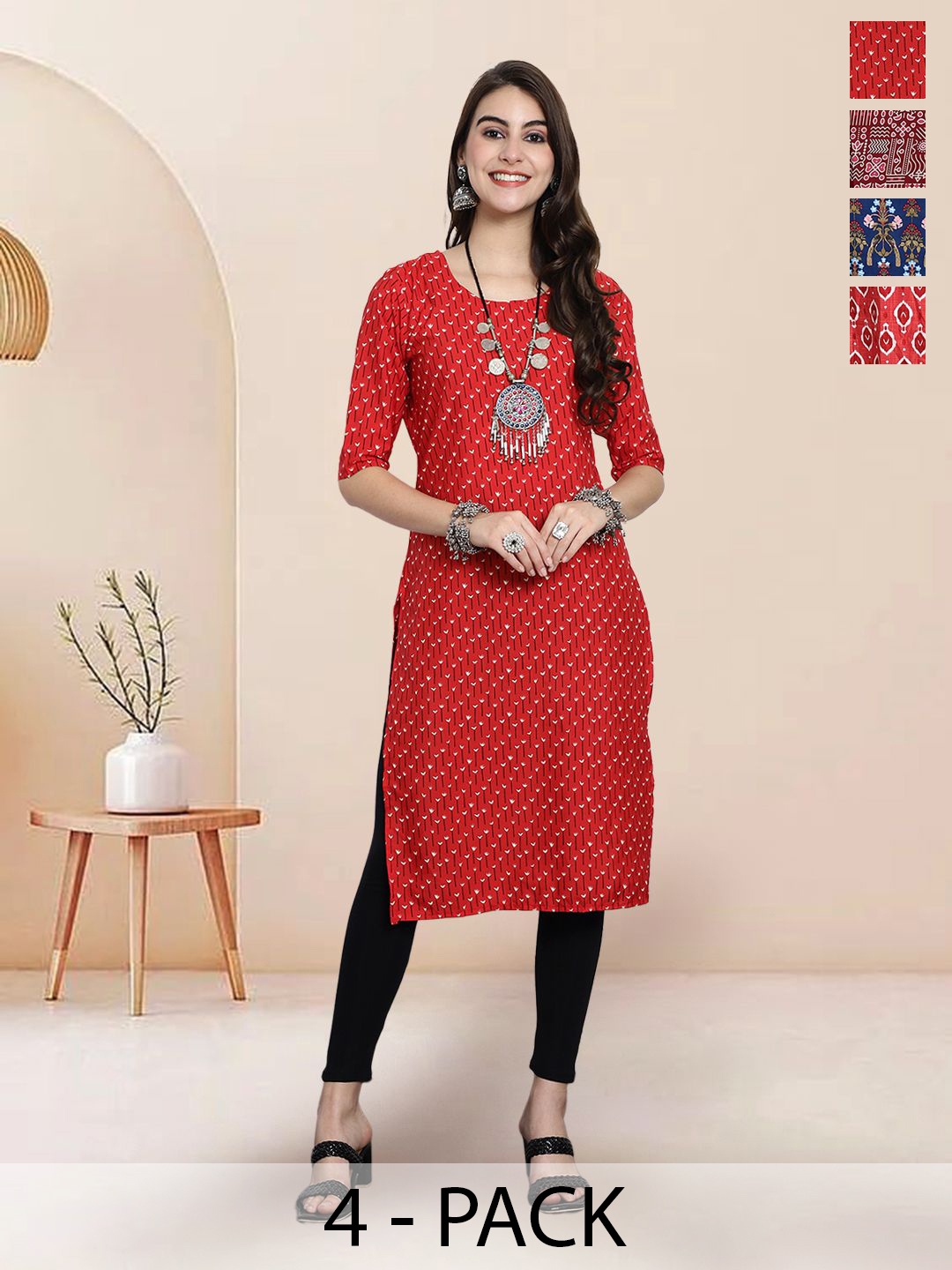 

7Threads Selection Of 4 Floral Printed Round Neck Straight Kurtas, Red