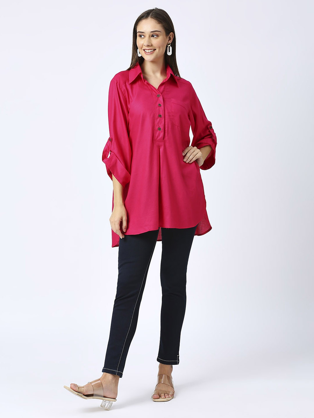 

Pink Guava Roll-Up Sleeves Shirt Style Top