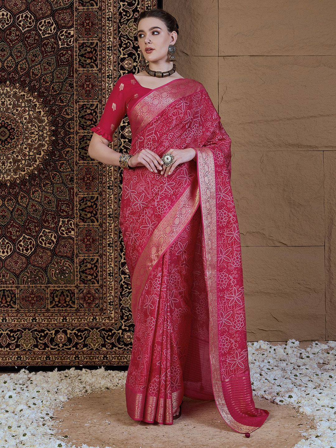 

Anouk Ethnic Motifs Zari Silk Blend Sungudi Saree, Pink