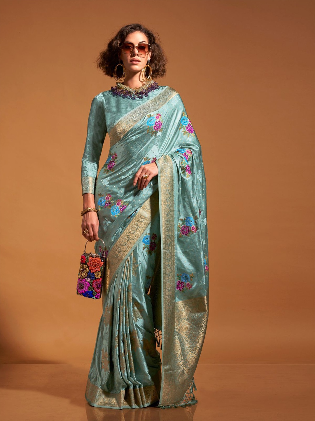 

ODETTE Woven Design Satin Saree, Blue