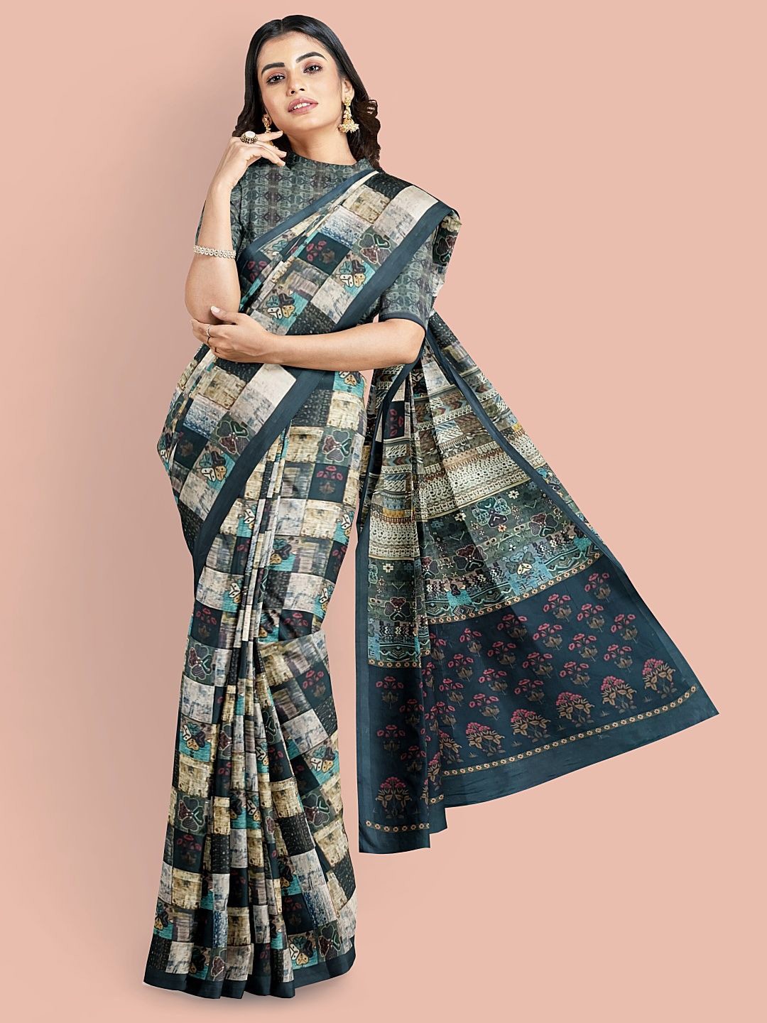 

Avyay Creation Checked Printed Silk Crepe Saree, Black