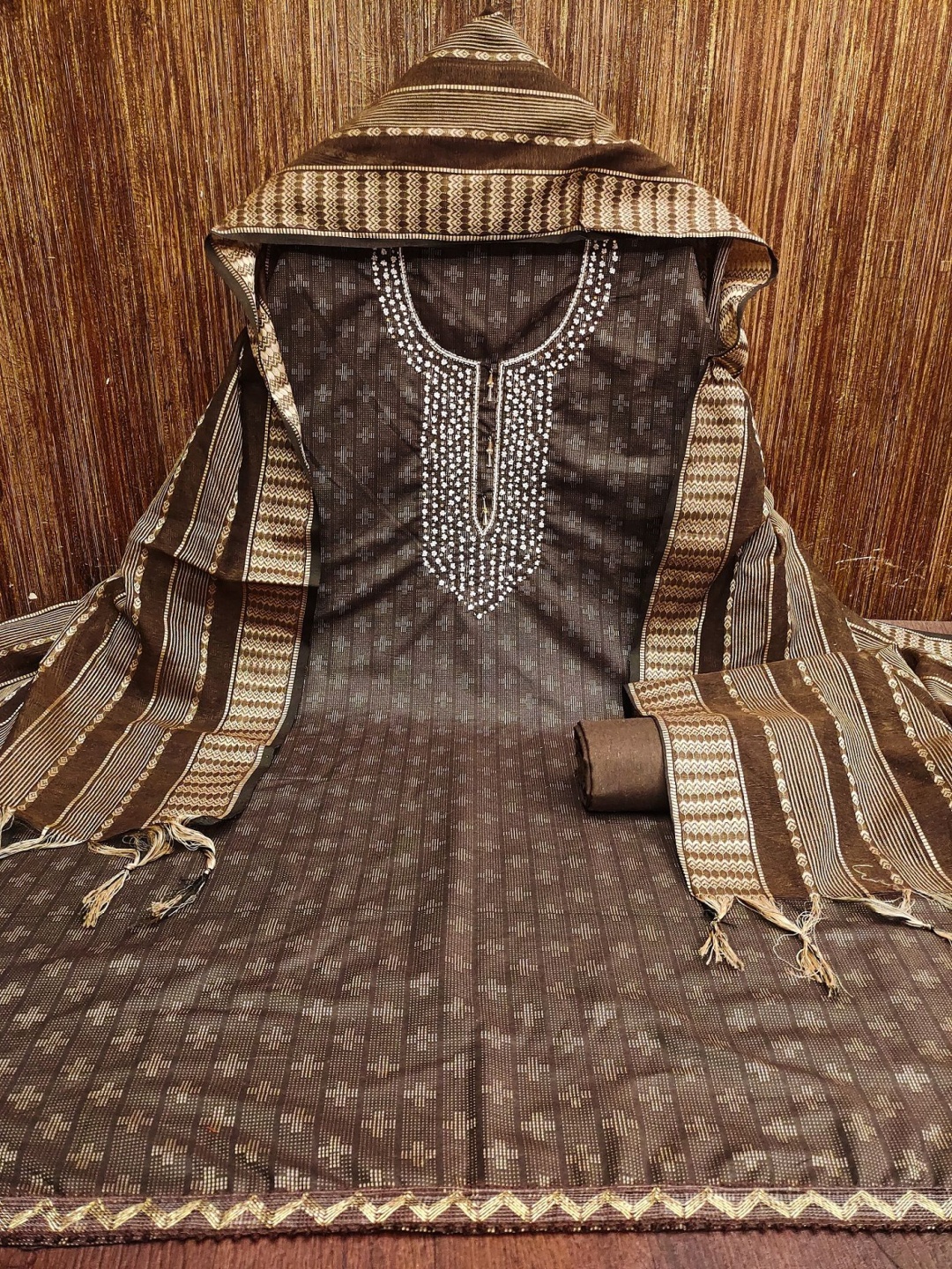 

A TO Z CART Geometric Woven Design Thread Work Unstitched Dress Material, Brown
