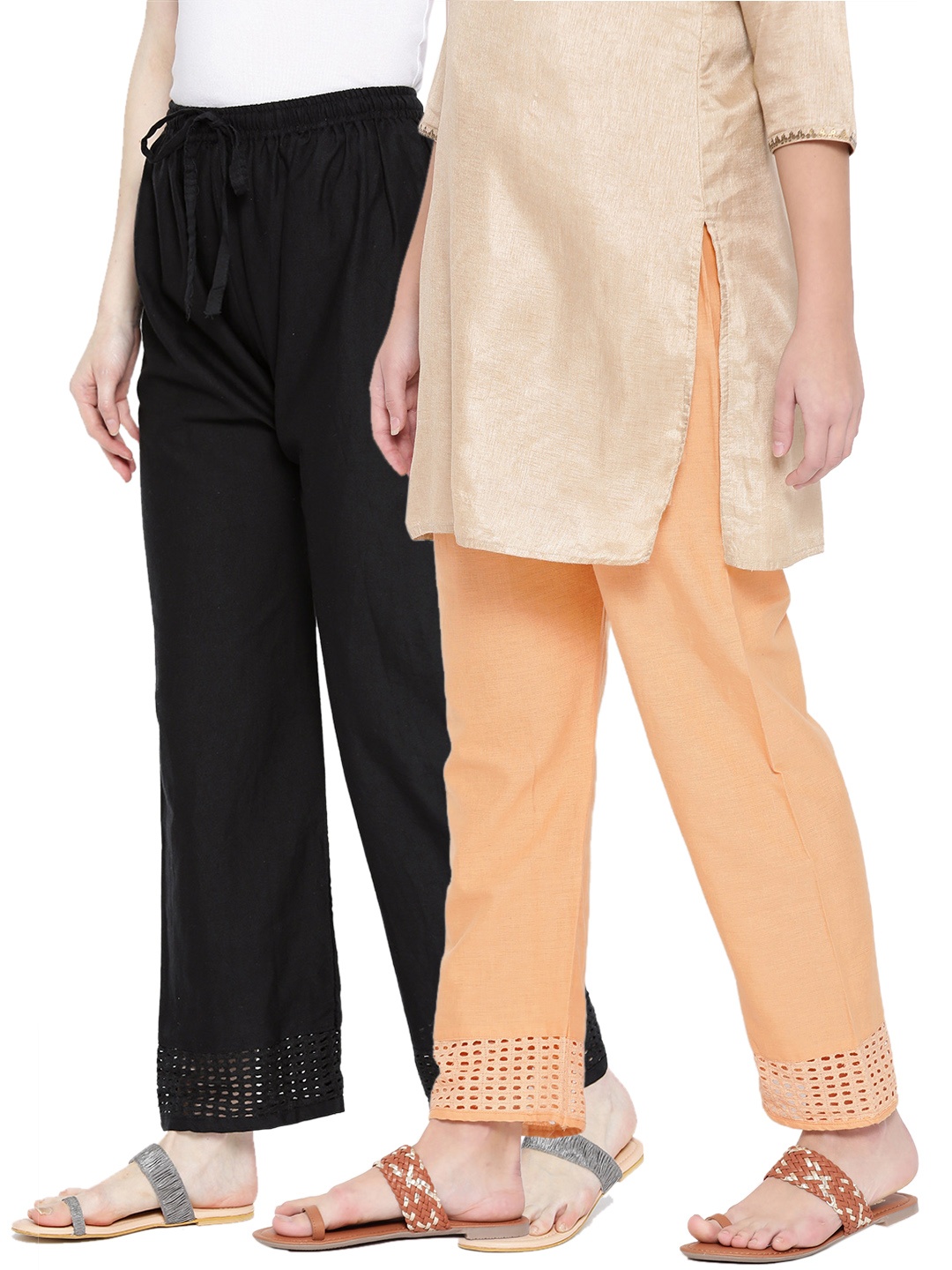 

KALINI Pack Of 2 Cotton Straight Palazzos, Mustard