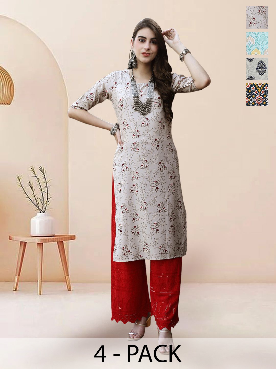 

7Threads Selection of 4 Floral Printed Round Neck Straight Kurtas, Beige