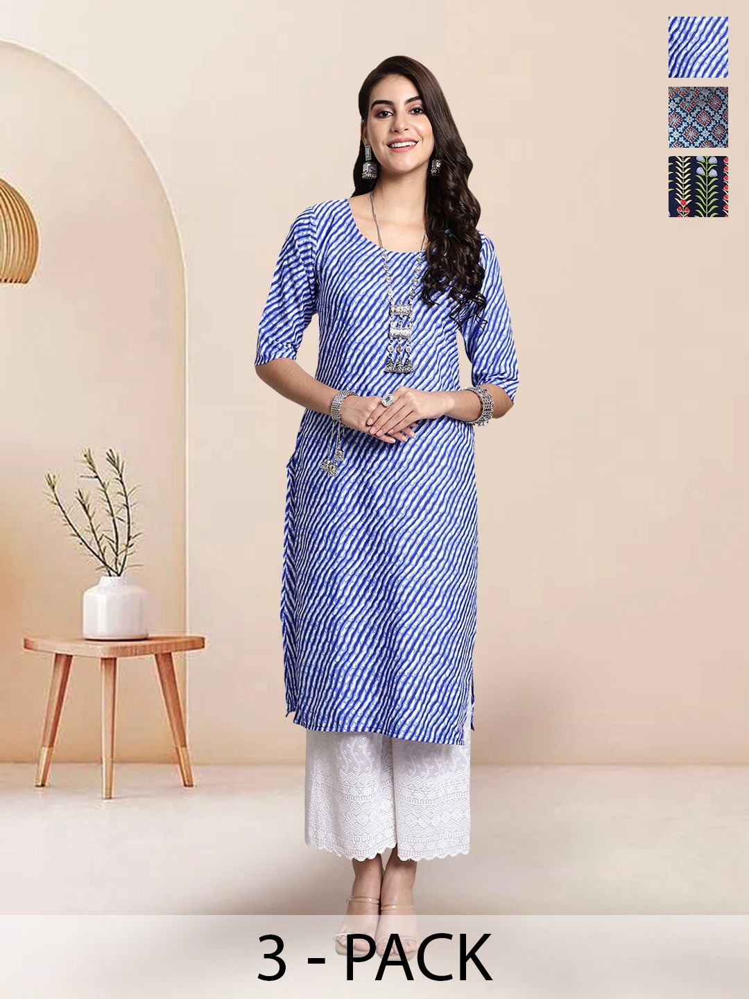 

7Threads Selection Of 3 Leheriya Printed Round Neck Straight Kurta, Blue