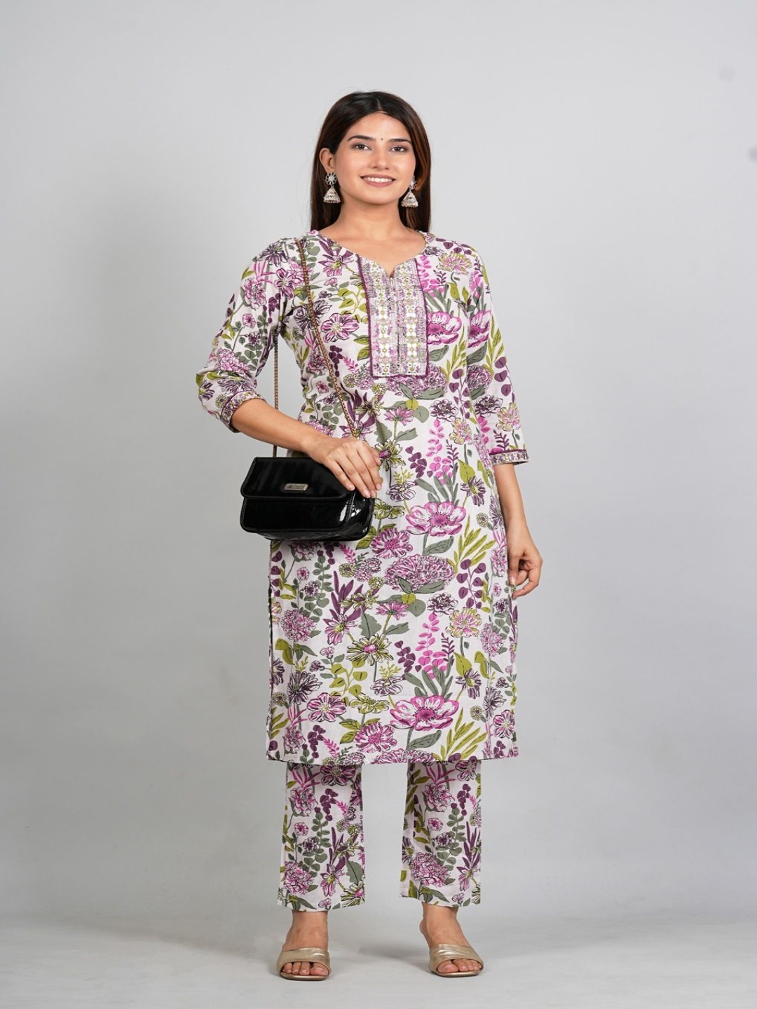 

Kraniky Apparels Floral Printed Mirror Work Pure Cotton Straight Kurta with Trousers, Purple