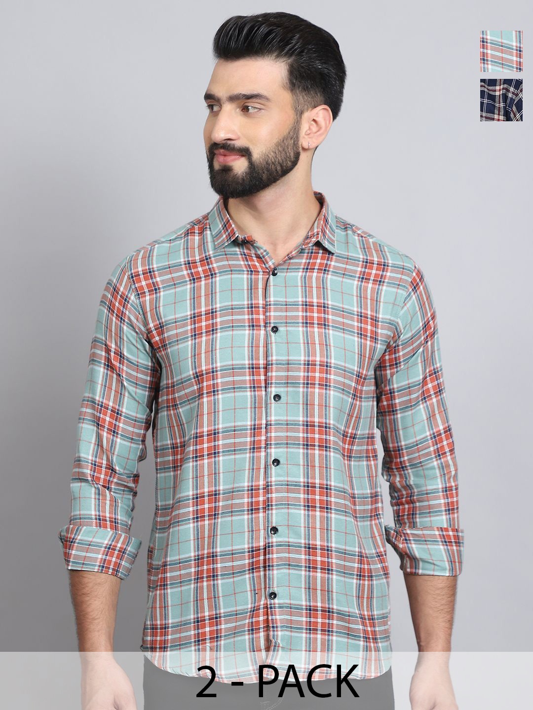 

Tanip Men Pack Of 2 Spread Collar Tartan Checked Cotton Casual Shirts, Green