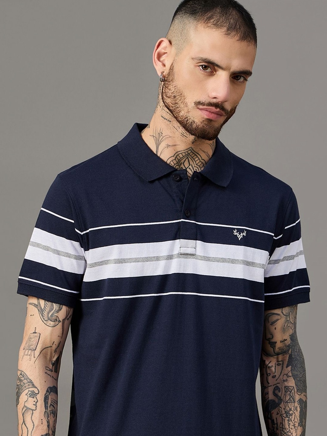 

BRONATION Men Striped Polo Collar Cotton T-shirt, Navy blue