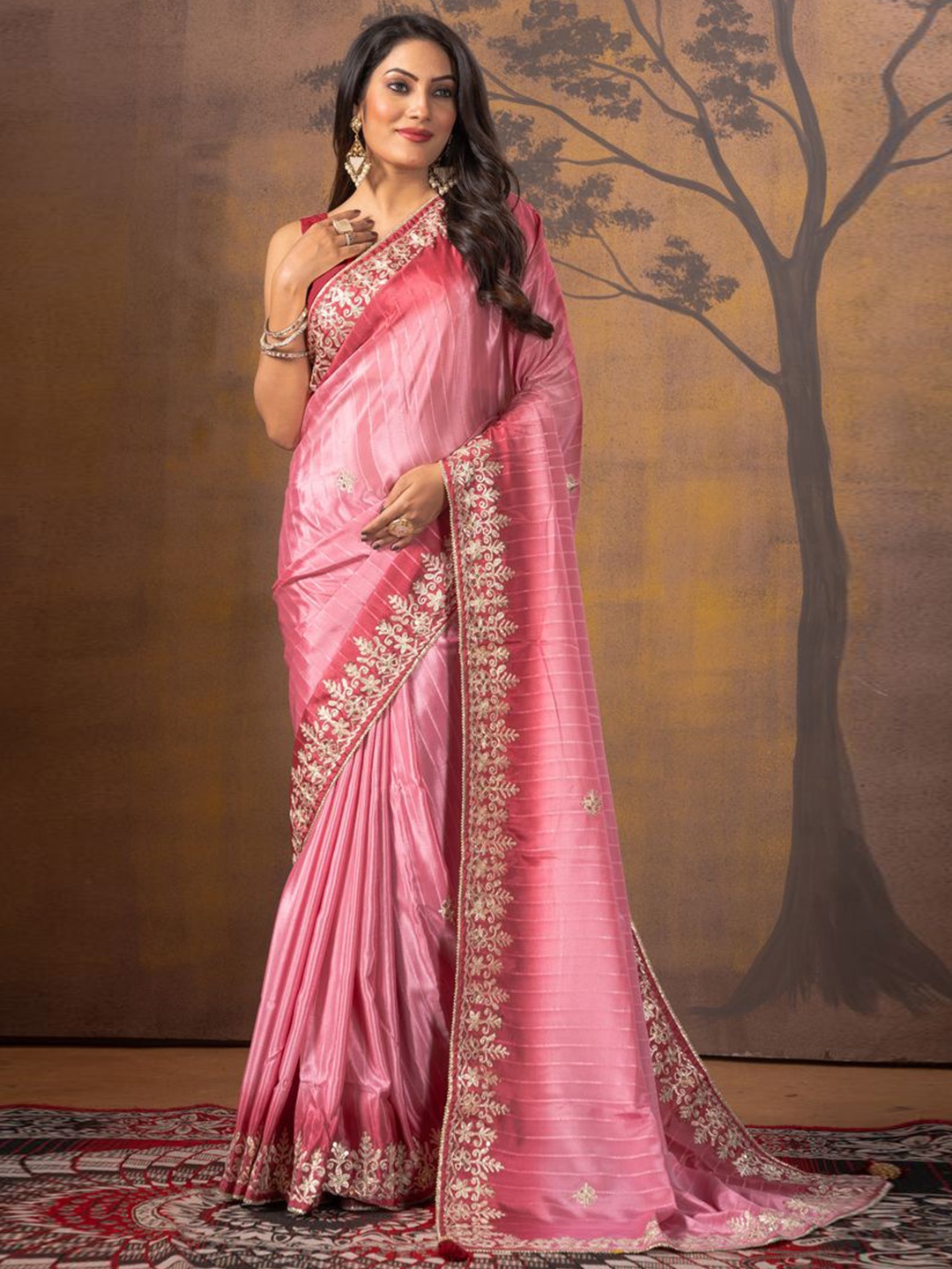 

KAJREE Striped Embroidered Pure Silk Saree, Pink