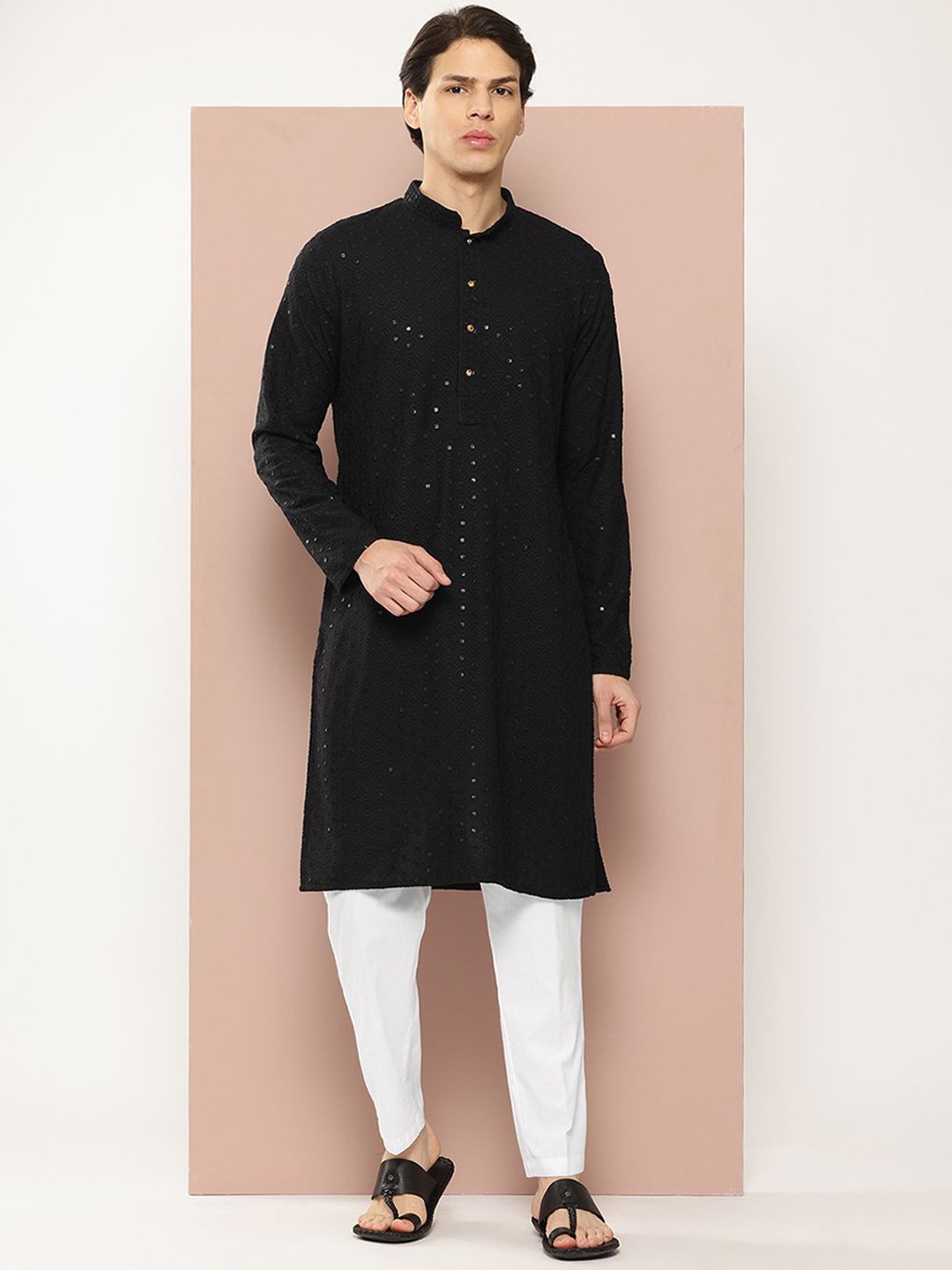 

See Designs Woven Design Mandarin Collar Straight Kurta, Black