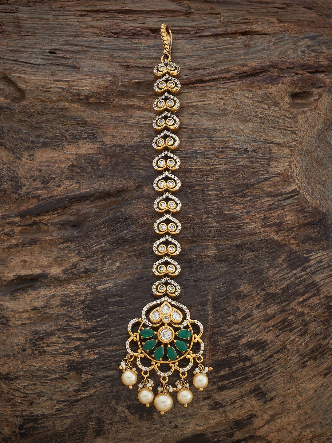 

Kushal's Fashion Jewellery Green Victorian-Plated Kundan Studded Maang Tikka, Gold