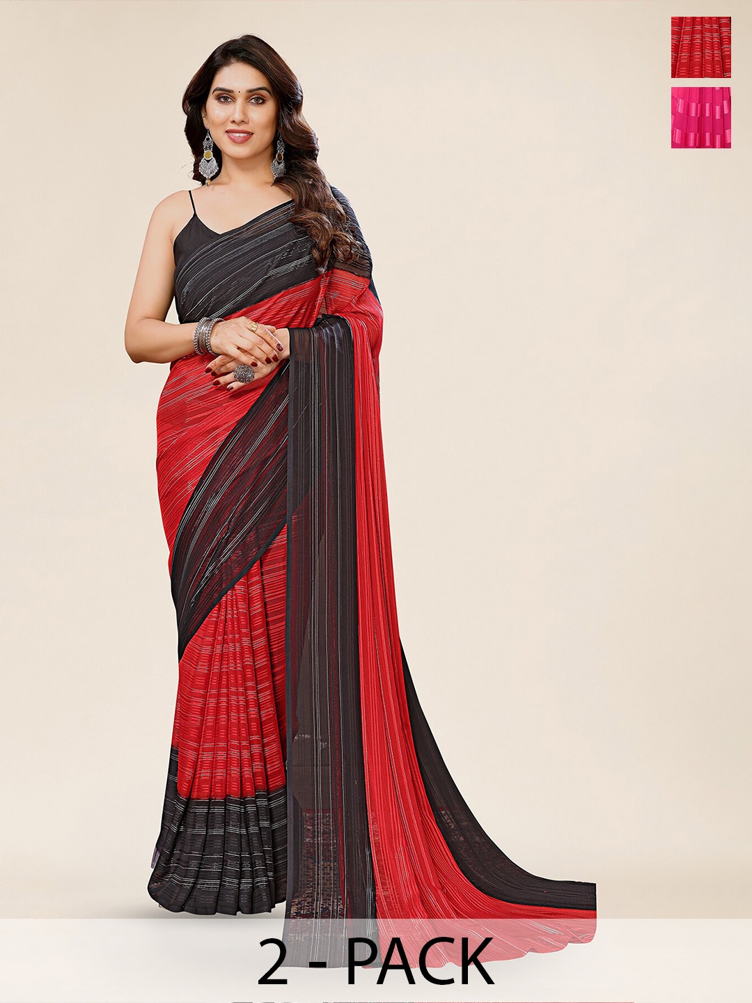 

Moda Rapido Pack Of 2 Striped Satin Saree, Red