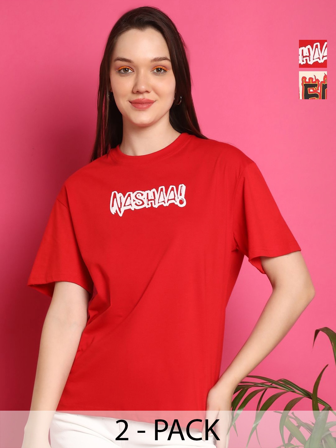 

Metronaut Women Pack Of 2 Graphic Printed Round Neck Cotton Oversized T-shirts, Red